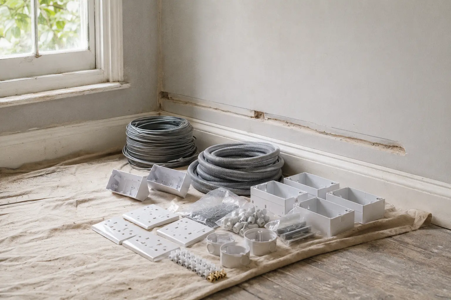 Registered electrician installing sockets in a new build