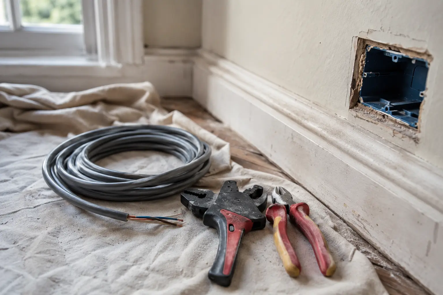 Electrician running cable through a ceiling