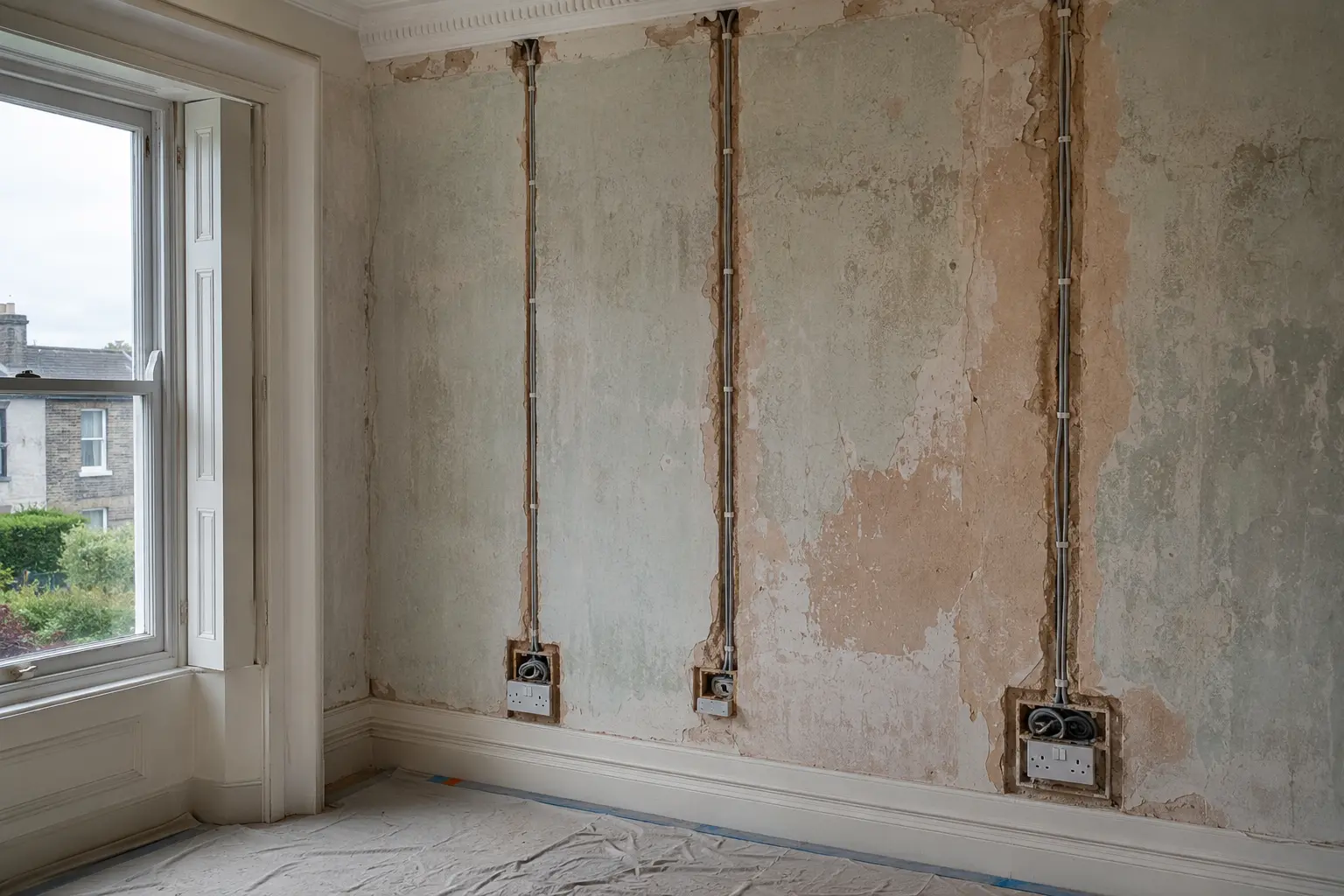 A period room being rewired with surface conduit and new socket outlets