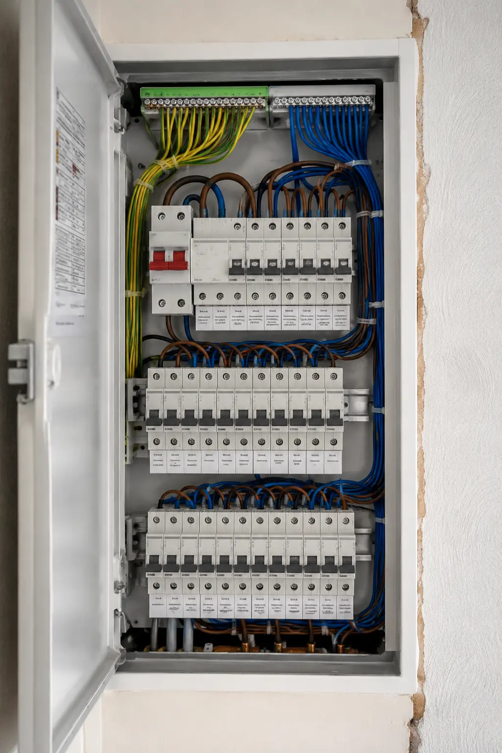 An open consumer unit wired by a RECI-registered electrician