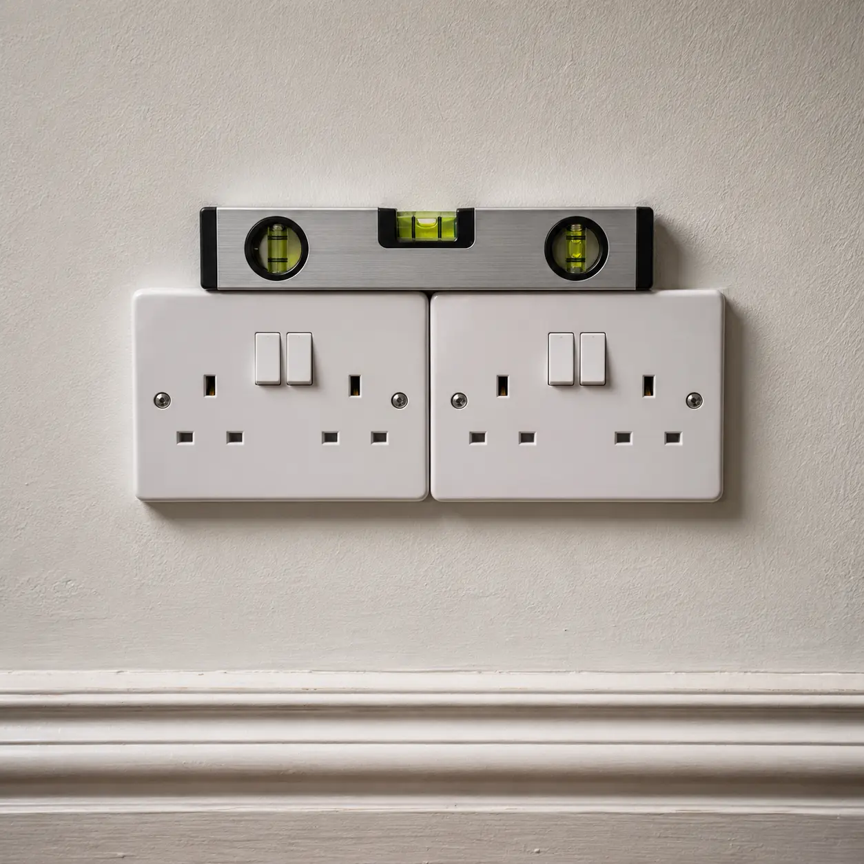 Two double sockets fitted level against a spirit level
