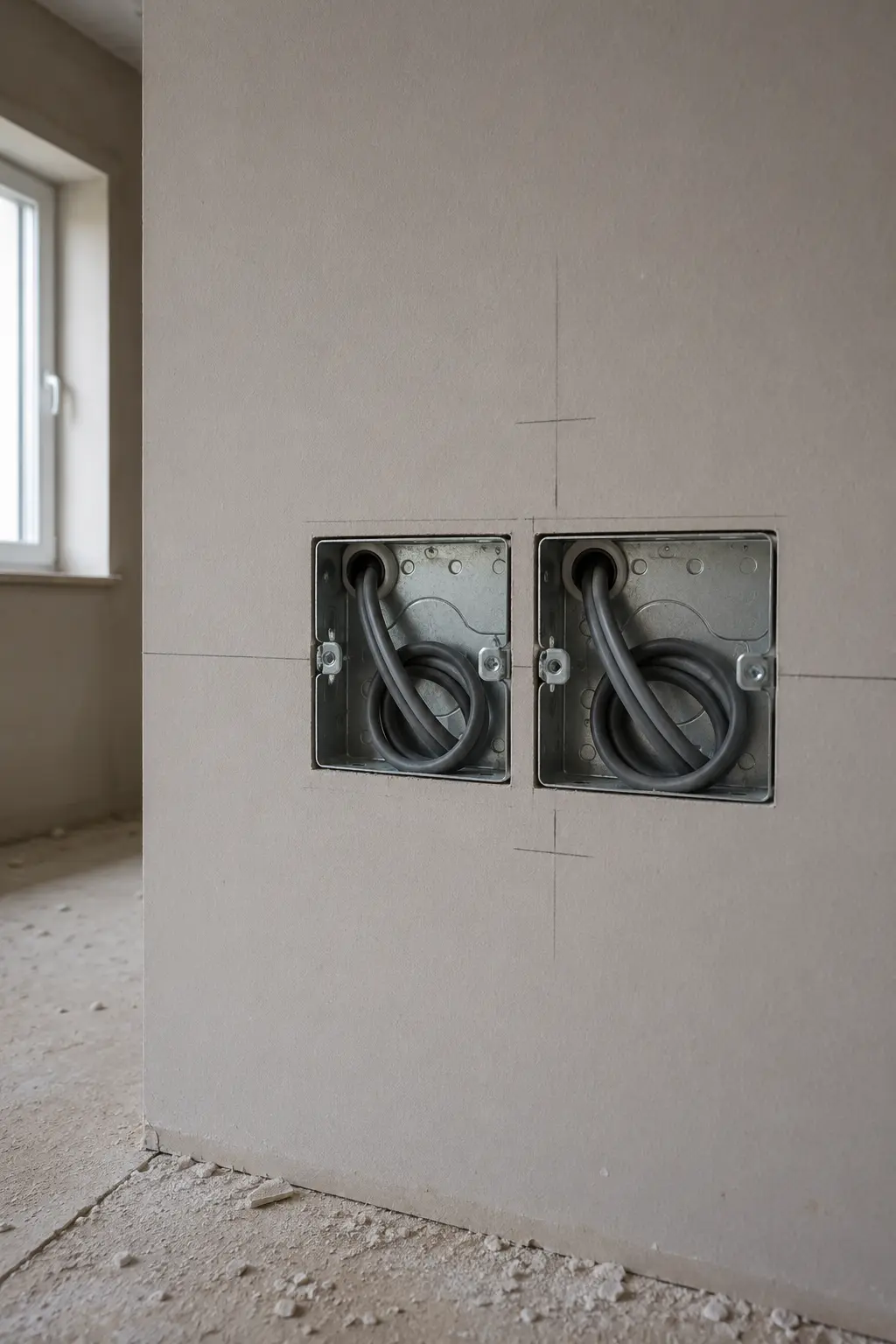 New socket back boxes and cable roughed into a wall during a first fix